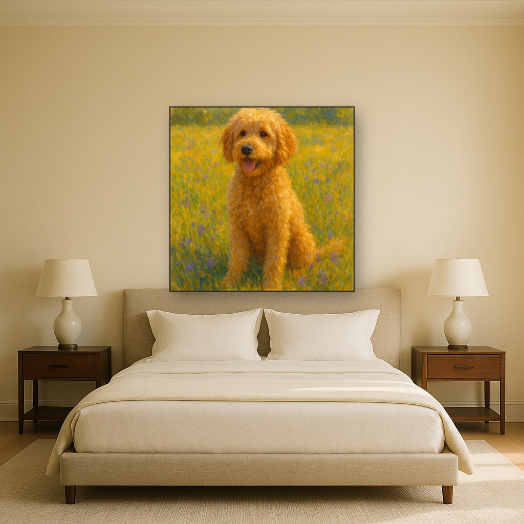 Fluffy Goldendoodle in Sun-Drenched Meadow No. 7 Fine Art Oil Painting - View 3