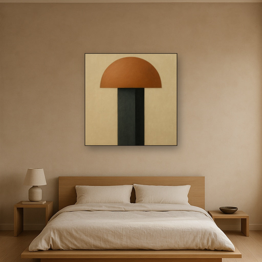 Semicircle Horizon & Minimalist Pillar No. 6 Oil Painting Staged Above Master Bed in Bedroom, Calming Neutral Hand Painted Oil Art