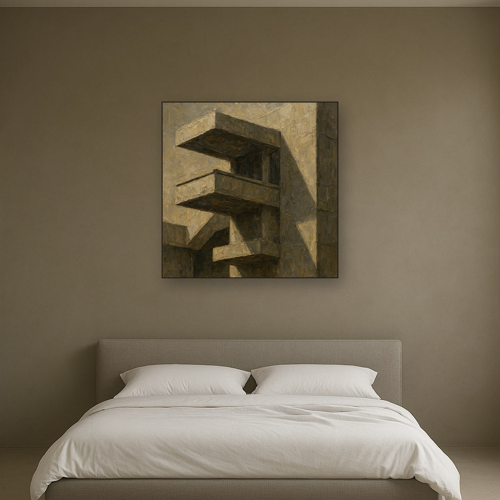 Brutalist Cantilevered Balcony Study No. 7 Oil Painting - Styled in Master Bedroom