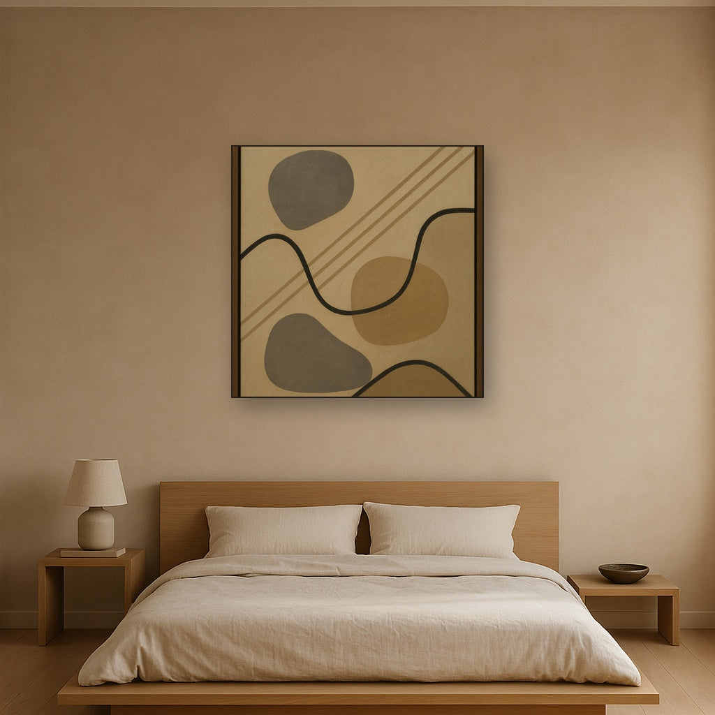 Organic Pebble Contours & Slanted Lines No. 9 Oil Painting Staged Above Master Bed in Bedroom, Calming Neutral Hand Painted Oil Art