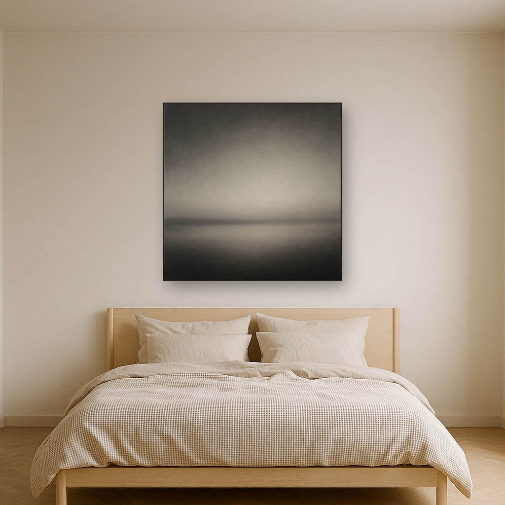 Monochrome Charcoal Drift & Soft Sfumato Horizon No. 3 Oil Painting Staged Above Master Bed in Bedroom, Calming Neutral Hand Painted Oil Art