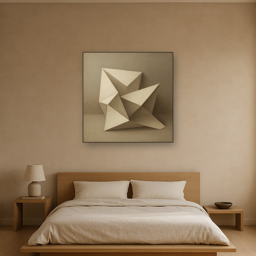 Folded Paper Geometry in Neutral Gradient Shadows No. 23 Oil Painting Staged Above Master Bed in Bedroom, Calming Neutral Hand Painted Oil Art