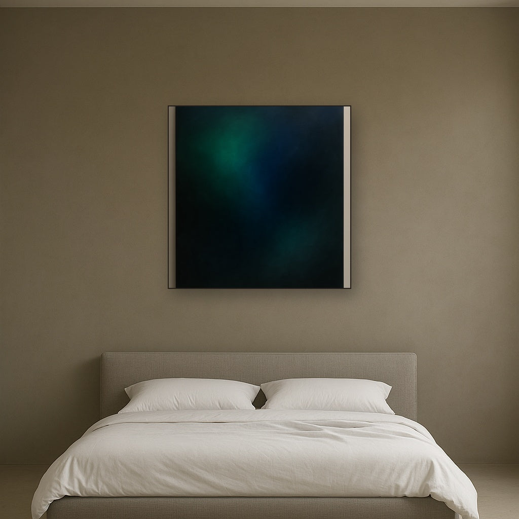 Emerald & Midnight Sapphire Sfumato Immersion No. 8 Oil Painting Staged Above Master Bed in Bedroom, Calming Neutral Hand Painted Oil Art