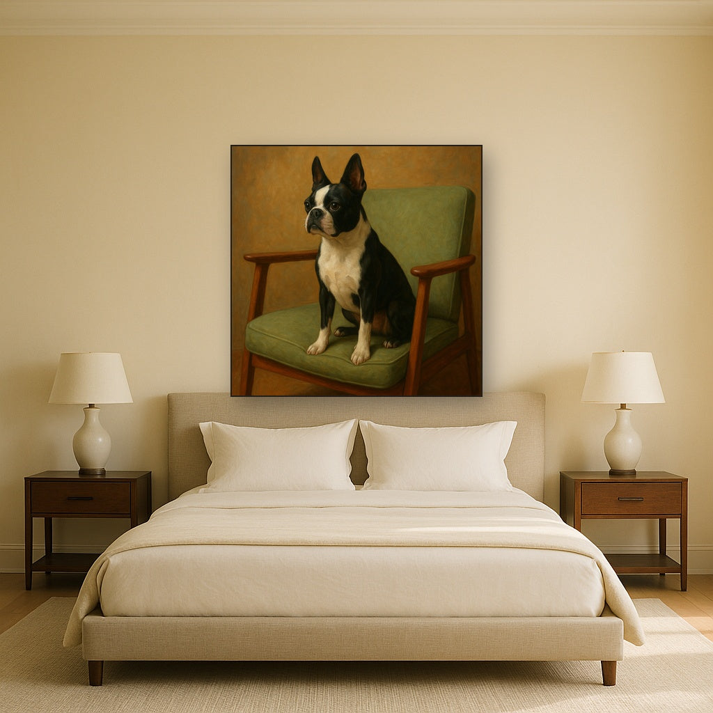 Boston Terrier in Warm Mid-Century Armchair No. 3 Fine Art Oil Painting - View 3