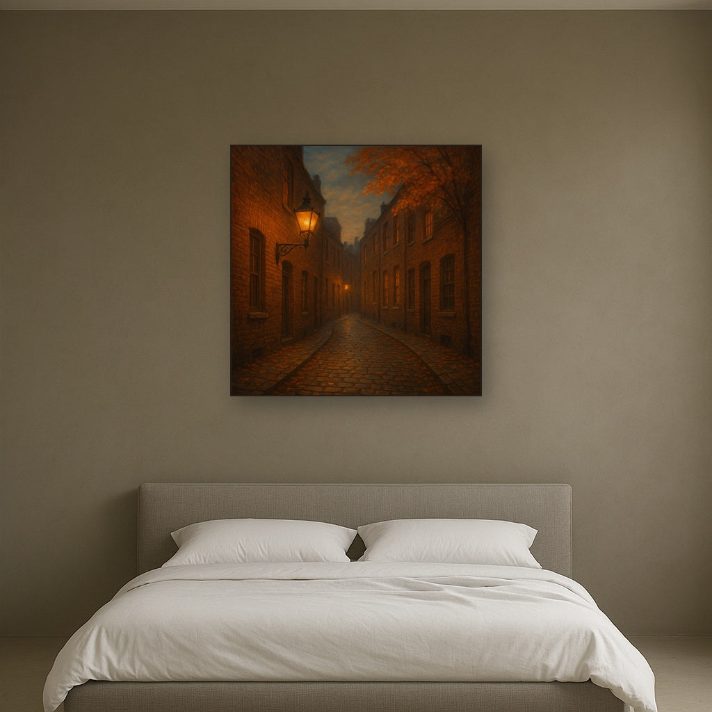 London Gaslamp Alley in Autumn Dusk No. 25 Oil Painting Staged Above Master Bed in Bedroom, Calming Neutral Hand Painted Oil Art