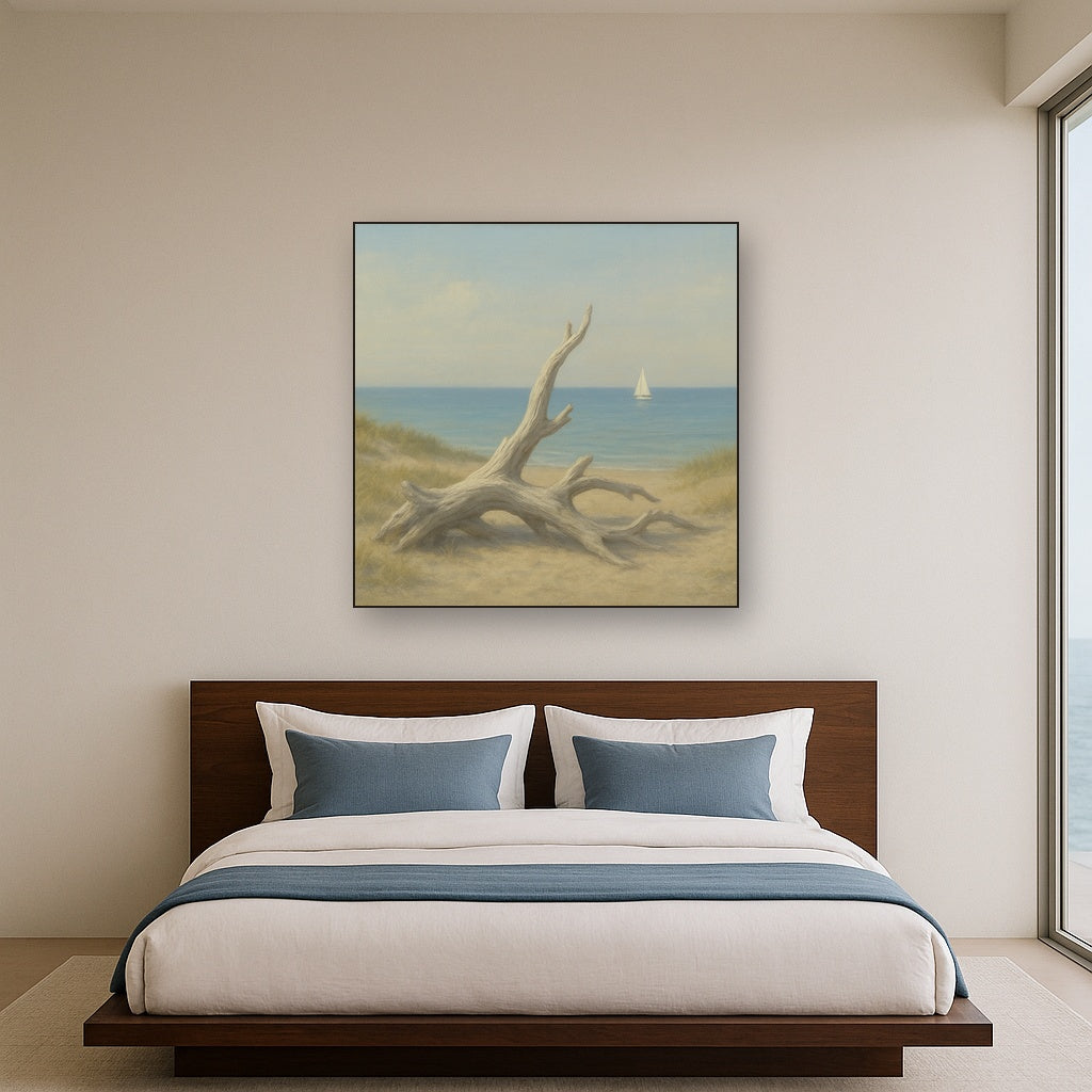 Sun-Bleached Driftwood & Distant Sailboat No. 19 Oil Painting - View 3