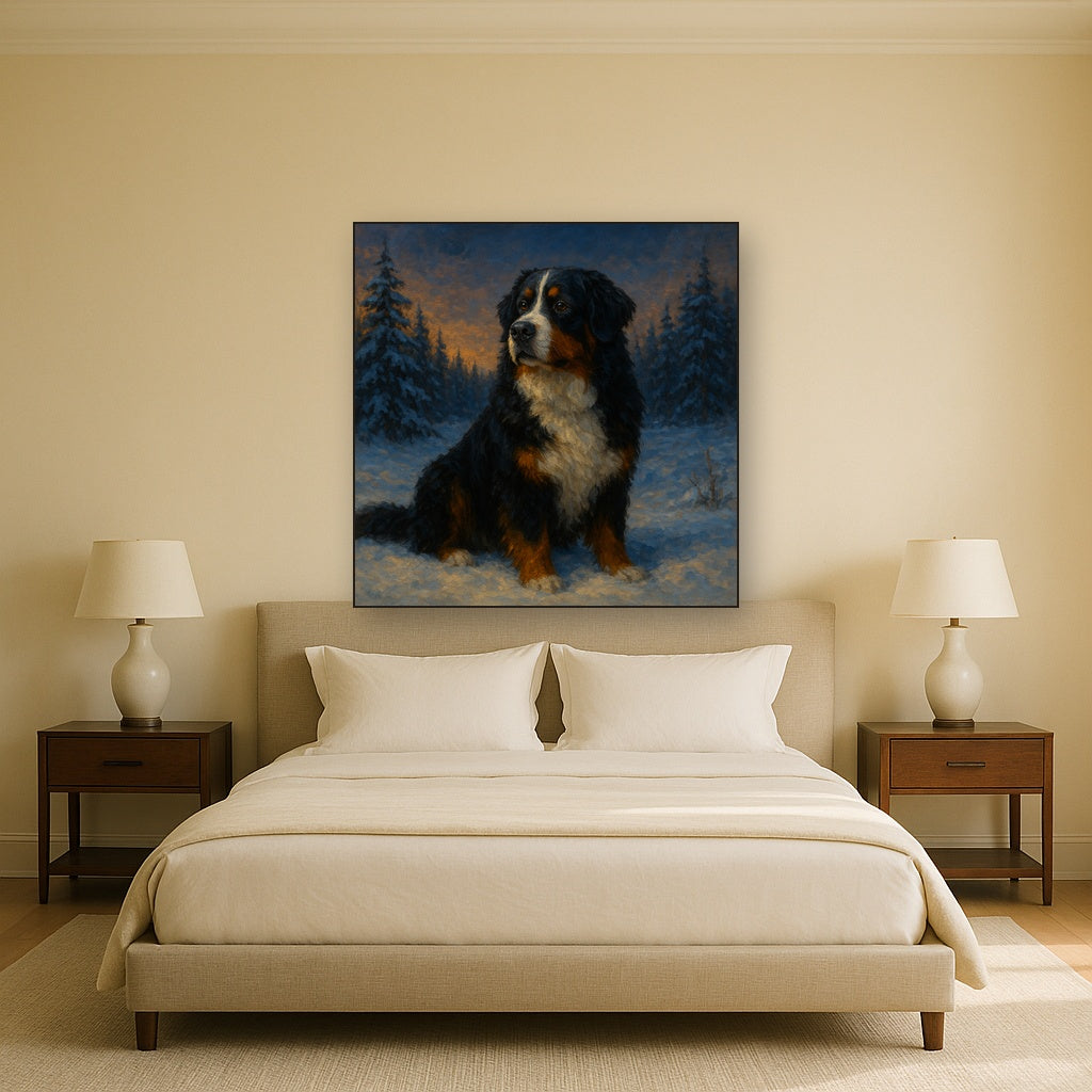 Bernese Mountain Dog in Winter Snowscape No. 6 Fine Art Oil Painting - View 3