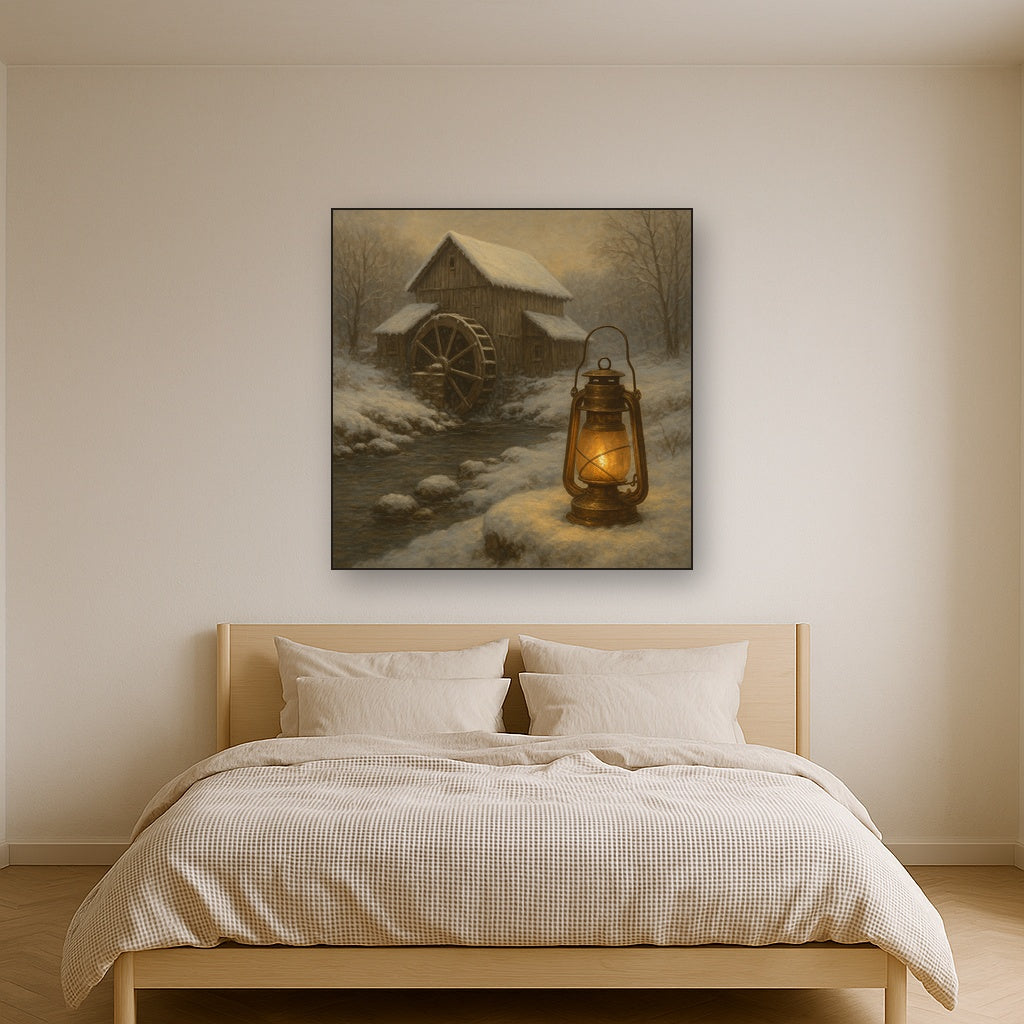 Snowy Mill Stream & Glowing Lantern No. 7 Oil Painting - View 3