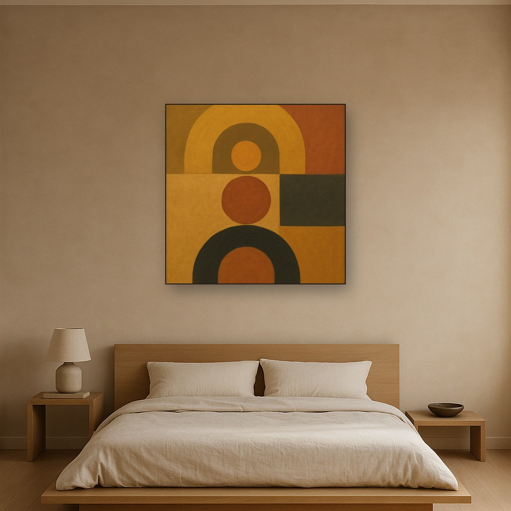 Arch & Circle Equilibrium in Warm Earth Tones No. 18 Oil Painting Staged Above Master Bed in Bedroom, Calming Neutral Hand Painted Oil Art