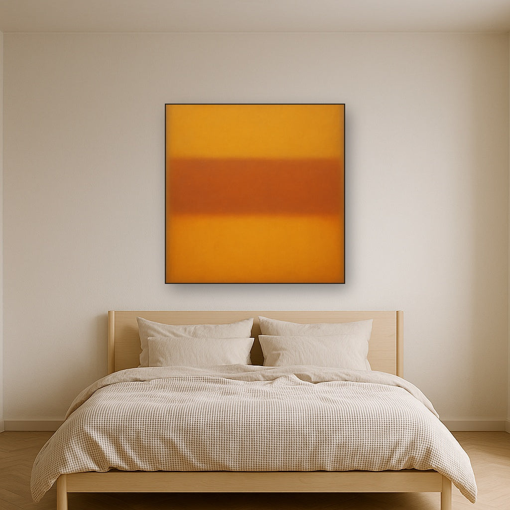 Luminous Ochre & Terracotta Horizon Color Field No. 15 Oil Painting Staged Above Master Bed in Bedroom, Calming Neutral Hand Painted Oil Art