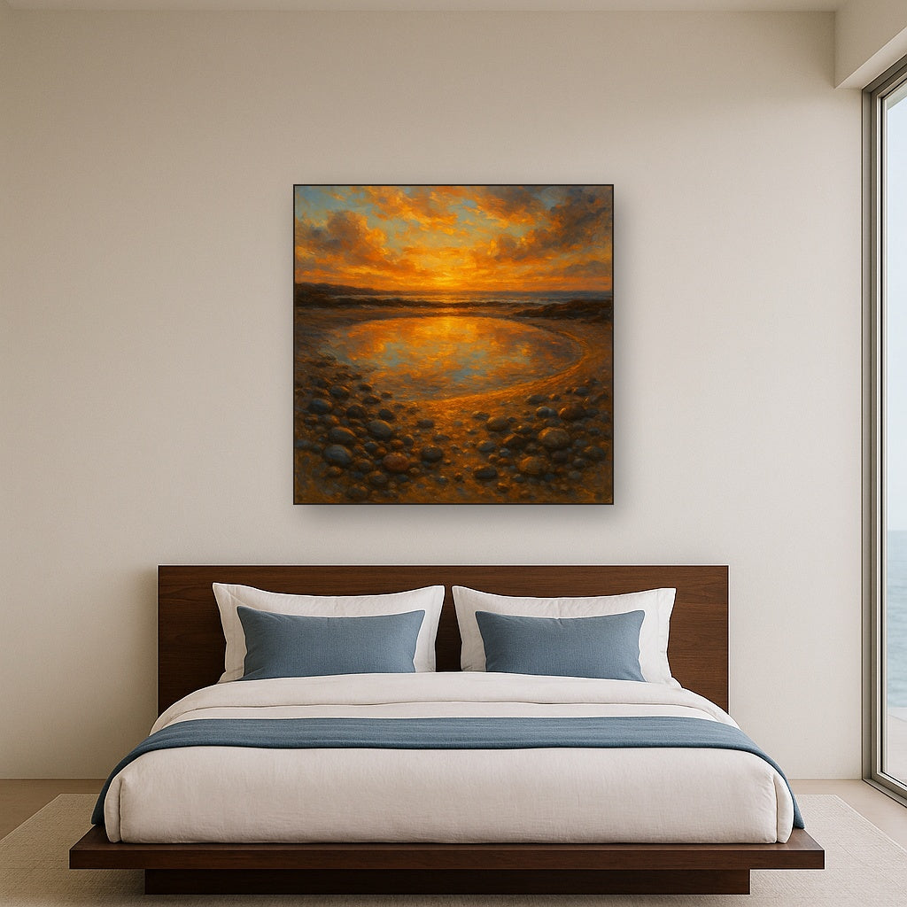 Golden Sunset Tidal Pool Coastal Oil Painting - Styled in Master Bedroom