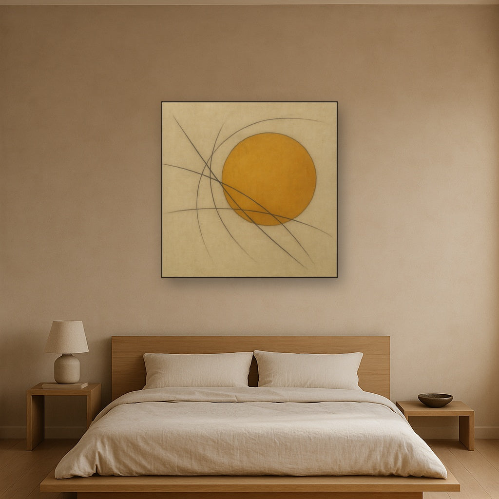 Abstract Tangent Lines & Earthy Ochre Disc No. 5 Oil Painting - View 3