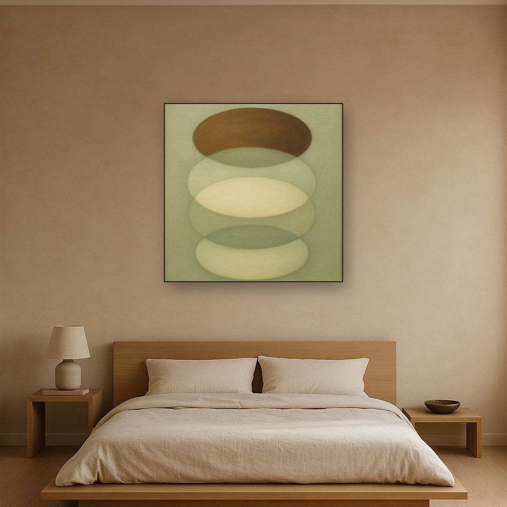 Floating Ellipse Harmony in Walnut & Pale Sage No. 8 Oil Painting - View 3