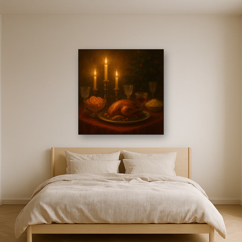 Candlelit Holiday Table & Vintage Glassware No. 6 Oil Painting Staged Above Master Bed in Bedroom, Calming Neutral Hand Painted Oil Art