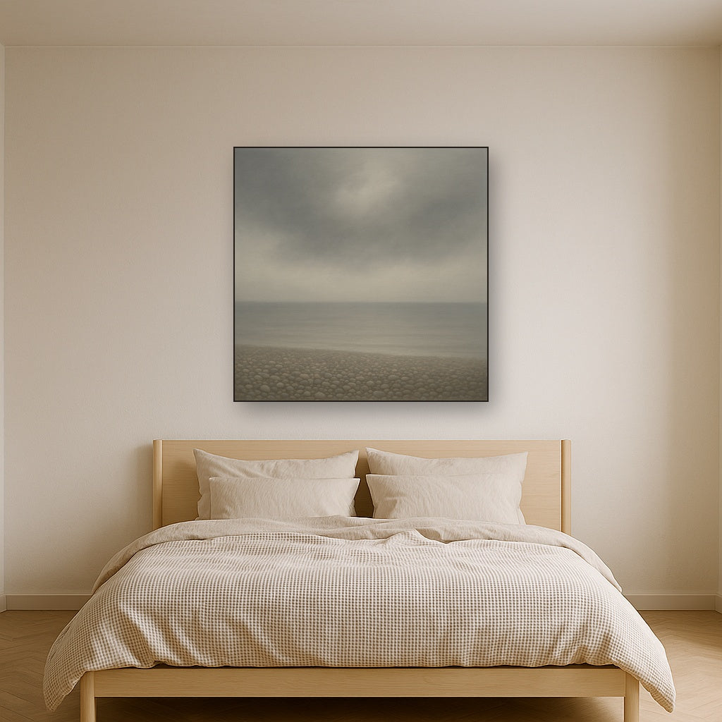 Overcast Coastal Fog & Wet Pebble Shingle No. 17 Oil Painting Staged Above Master Bed in Bedroom, Calming Neutral Hand Painted Oil Art