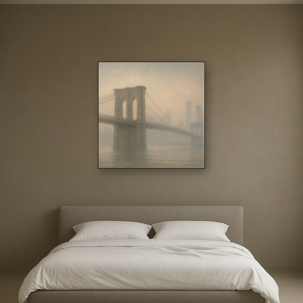 Brooklyn Bridge in Morning River Mist No. 30 Oil Painting Staged Above Master Bed in Bedroom, Calming Neutral Hand Painted Oil Art