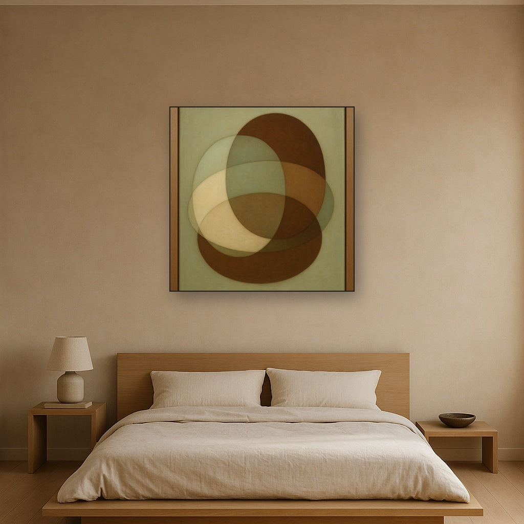 Floating Ellipse Harmony in Walnut & Pale Sage No. 19 Oil Painting Staged Above Master Bed in Bedroom, Calming Neutral Hand Painted Oil Art