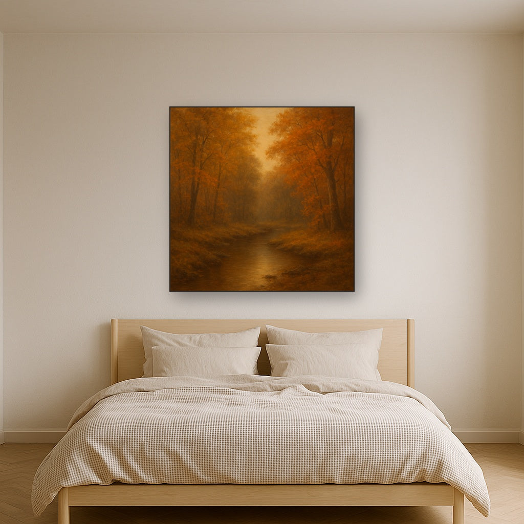 Secluded Woodland Brook in Autumn Glow No. 10 Oil Painting Staged Above Master Bed in Bedroom, Calming Neutral Hand Painted Oil Art