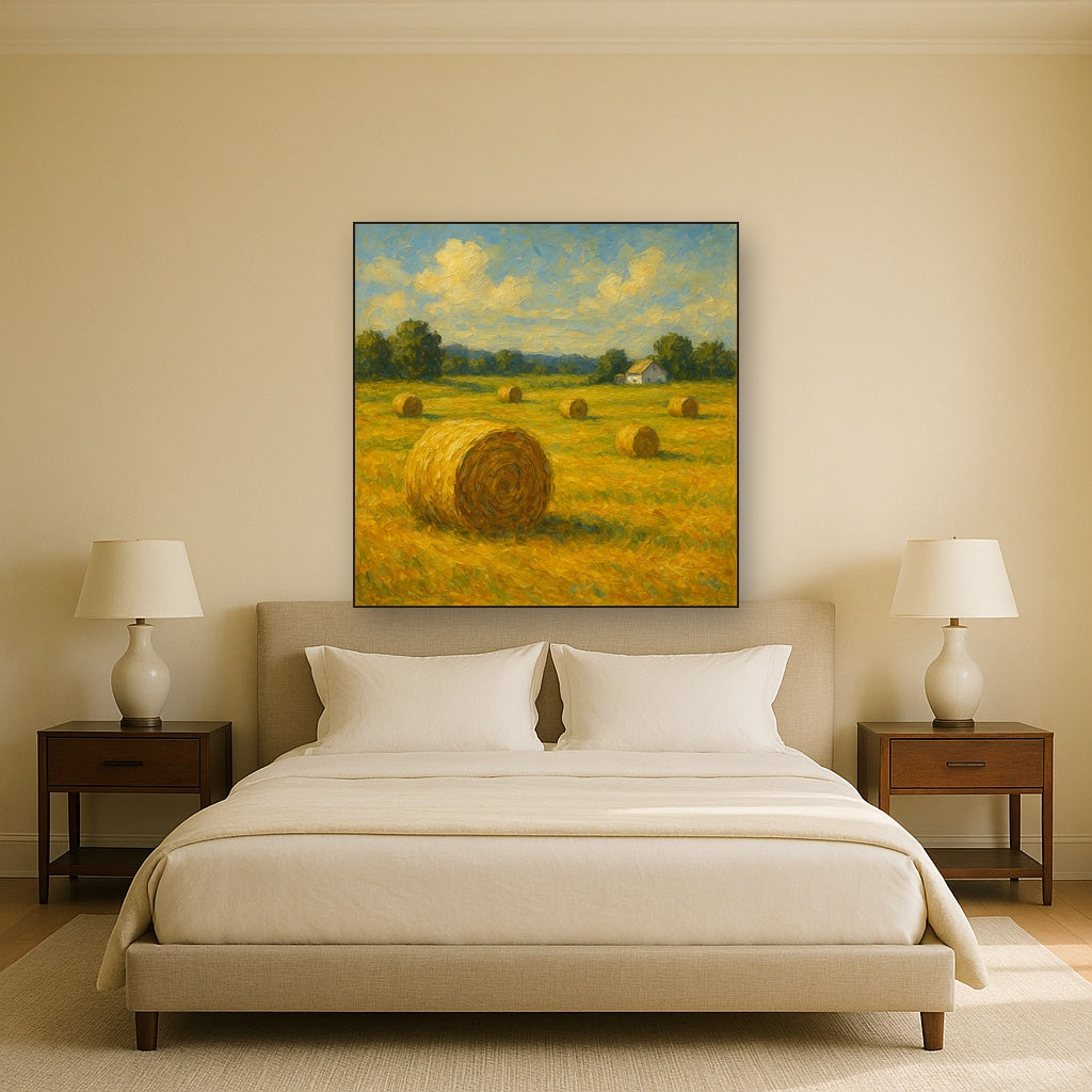 Rolling Meadow Hay Bales Horizon No. 5 Oil Painting - Styled in Master Bedroom