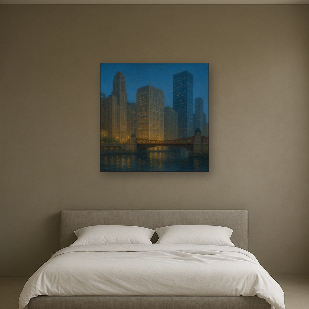 Chicago Riverfront Architecture at Blue Hour No. 20 Oil Painting - View 3