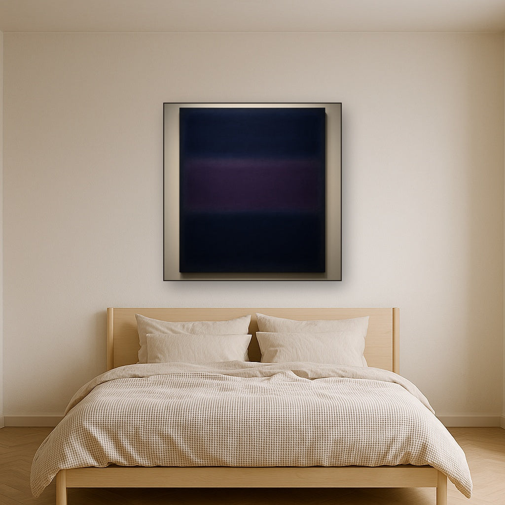 Deep Indigo & Midnight Plum Ambient Field No. 7 Oil Painting Staged Above Master Bed in Bedroom, Calming Neutral Hand Painted Oil Art