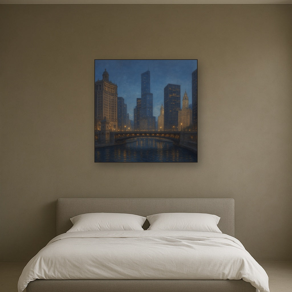 Chicago Riverfront Architecture at Blue Hour No. 15 Oil Painting - View 3