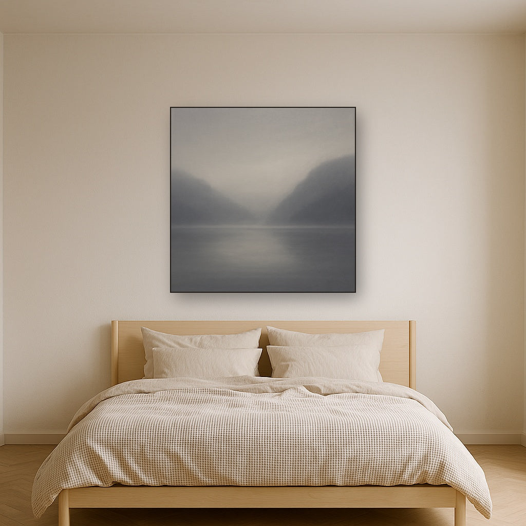 Misty Fjord Horizon in Monochromatic Slate No. 20 Oil Painting Staged Above Master Bed in Bedroom, Calming Neutral Hand Painted Oil Art