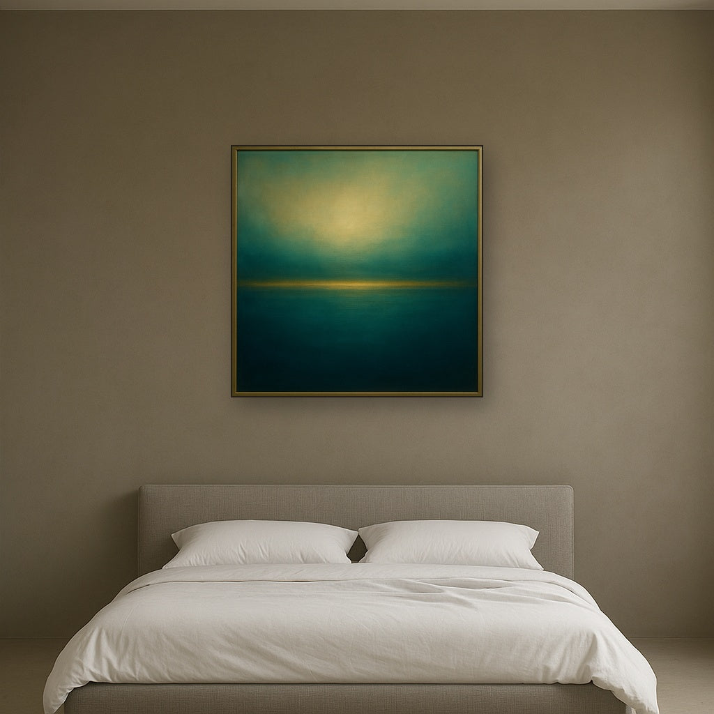 Peacock Teal & Champagne Gold Horizon No. 16 Oil Painting - View 3