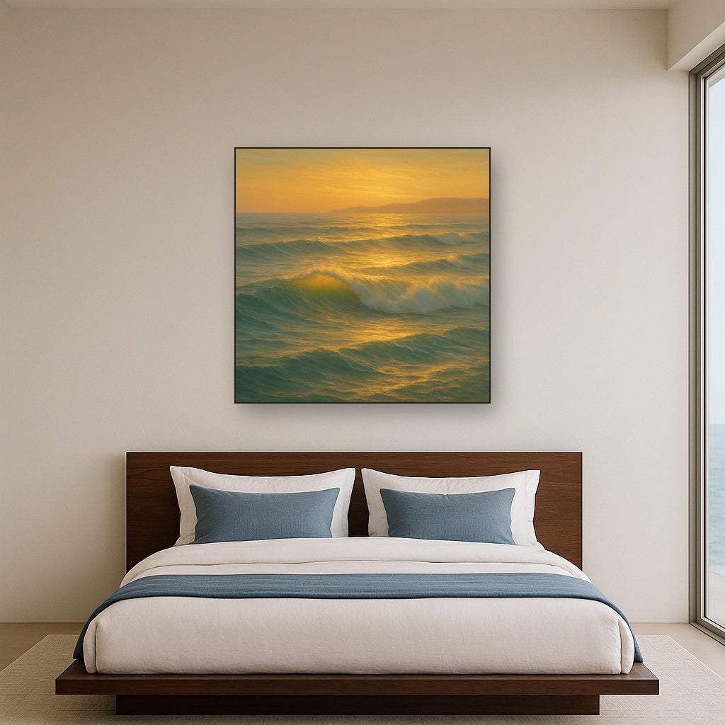 Golden Hour Sunlight on Ocean Swells No. 16 Oil Painting - View 3