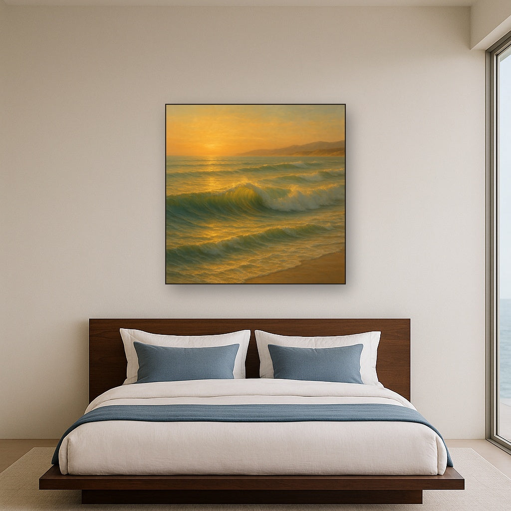 Golden Hour Sunlight on Ocean Swells No. 9 Oil Painting Staged Above Master Bed in Bedroom, Calming Neutral Hand Painted Oil Art