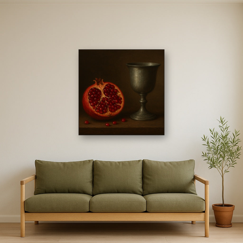 Pomegranate & Vintage Pewter Goblet No. 5 Oil Painting - View 3