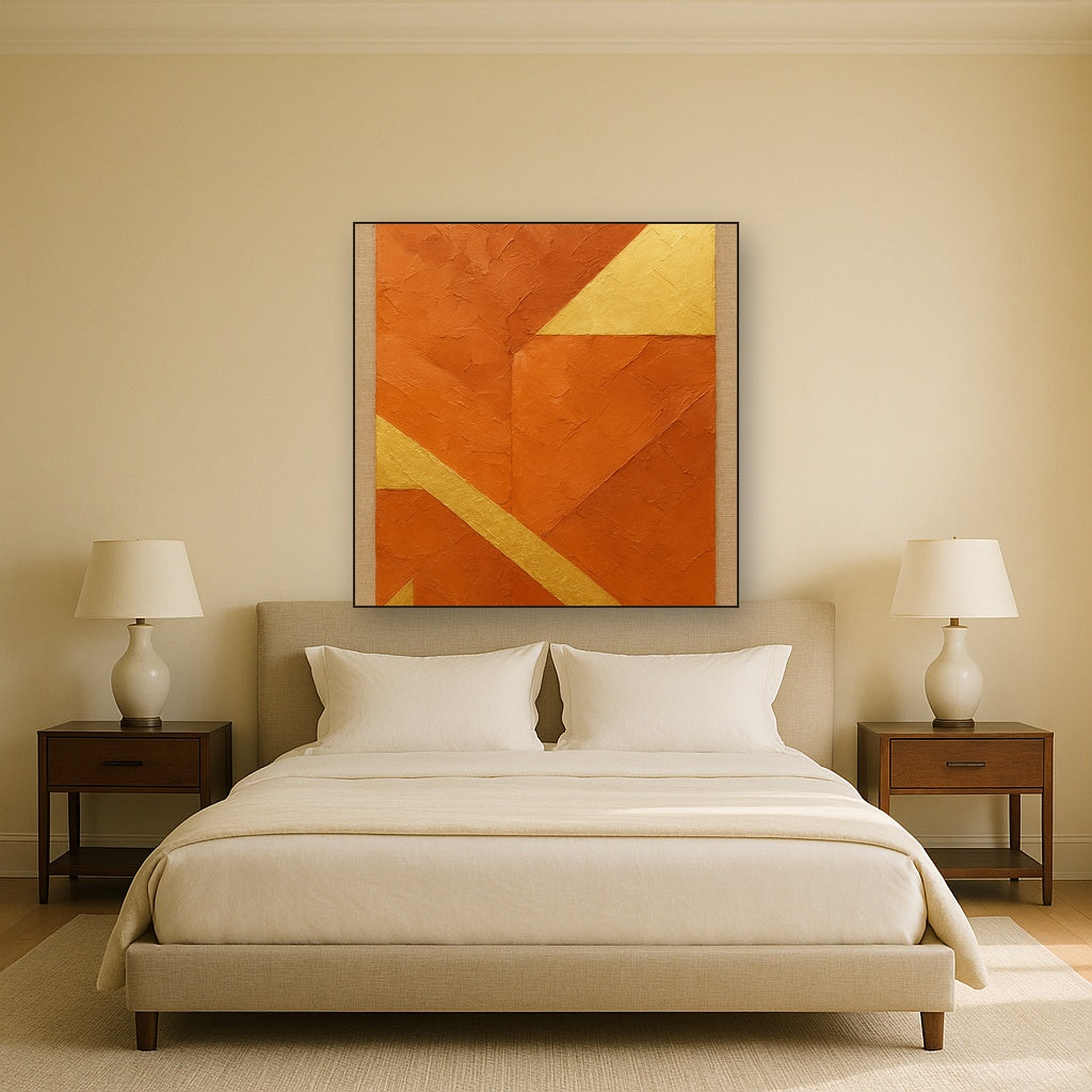 Terracotta & Gilded Leaf Modern Luxury Oil Painting - Styled in Master Bedroom