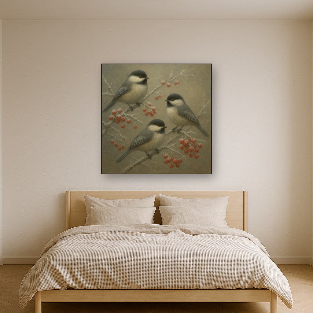 Winter Birds on Frosty Red Berry Branch Oil Painting - View 3