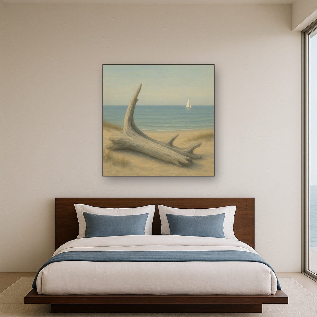 Sun-Bleached Driftwood & Distant Sailboat No. 14 Oil Painting - View 3