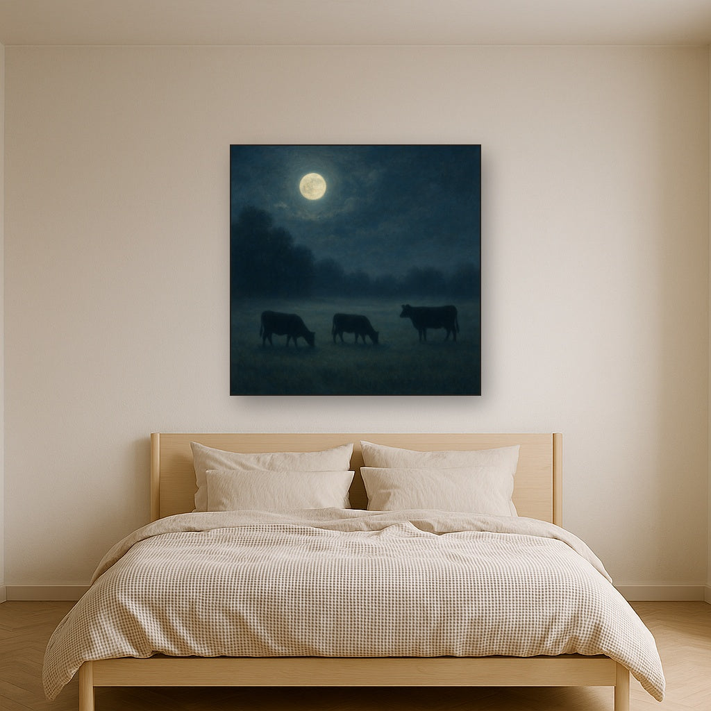 Moonlit Pastoral Meadow & Cattle Silhouettes Oil Painting - View 3