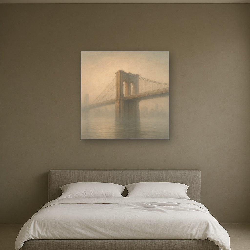 Brooklyn Bridge in Morning River Mist No. 14 Oil Painting Staged Above Master Bed in Bedroom, Calming Neutral Hand Painted Oil Art