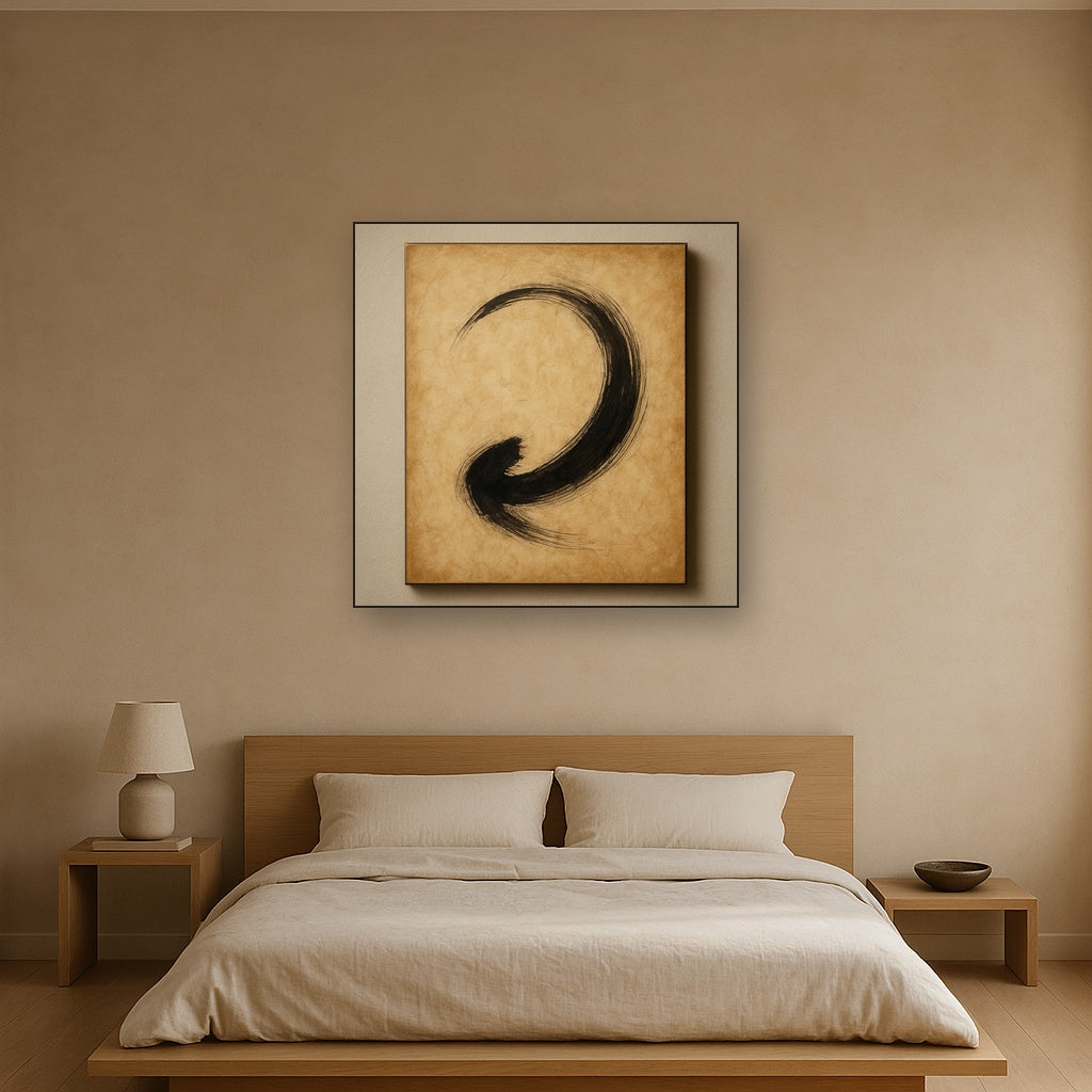 Aged Rice Paper & Charcoal Calligraphic Balance No. 7 Oil Painting Staged Above Master Bed in Bedroom, Calming Neutral Hand Painted Oil Art