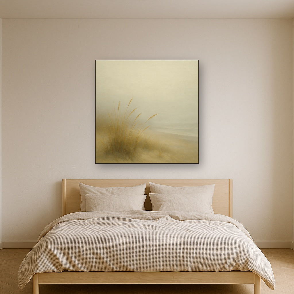 Silent Dune Grass in November Sea Fog No. 16 Oil Painting Staged Above Master Bed in Bedroom, Calming Neutral Hand Painted Oil Art