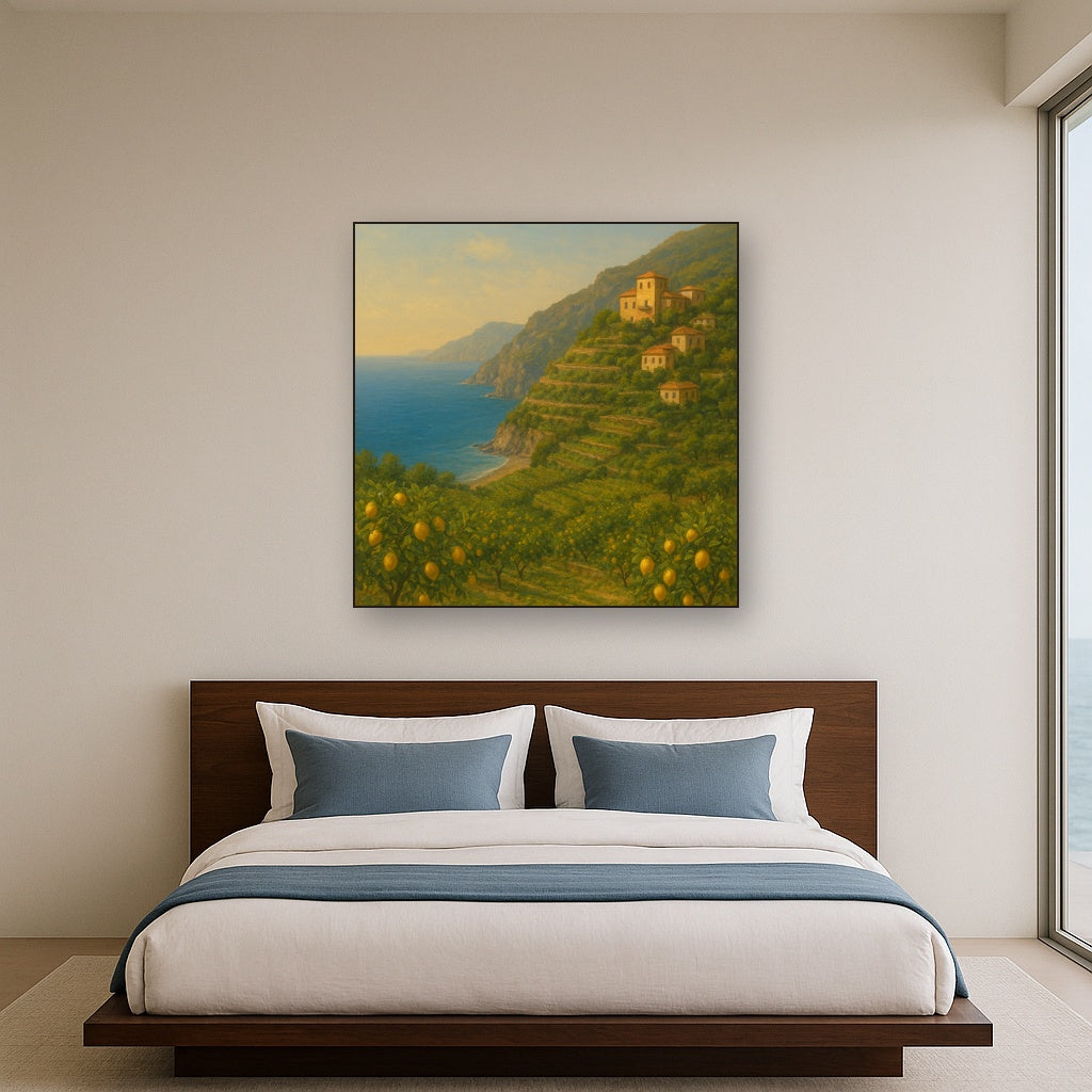 Italian Amalfi Coastline Terraces & Lemon Grove No. 8 Oil Painting Staged Above Master Bed in Bedroom, Calming Neutral Hand Painted Oil Art