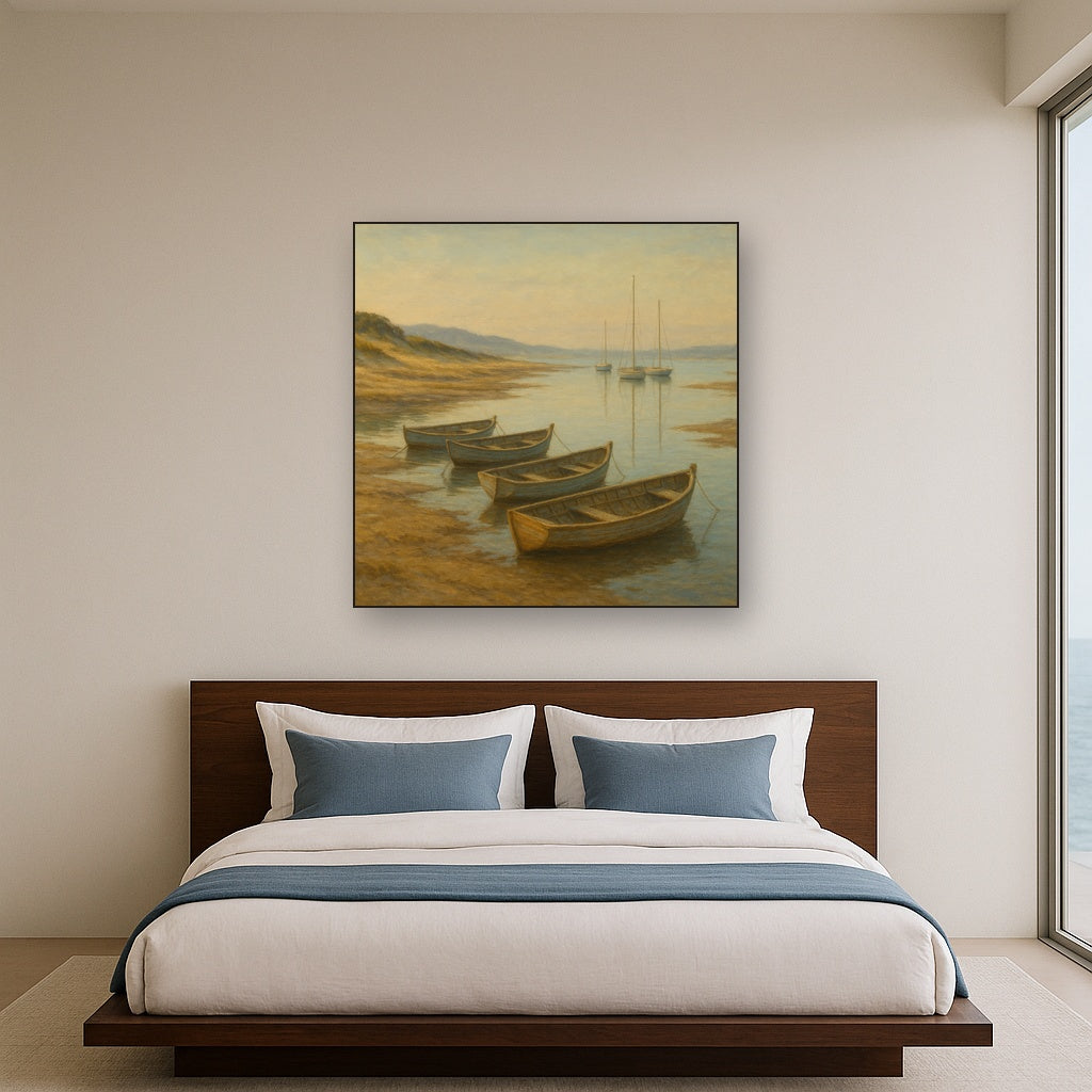 Quiet Fishing Harbor at Morning Low Tide Oil Painting - View 3