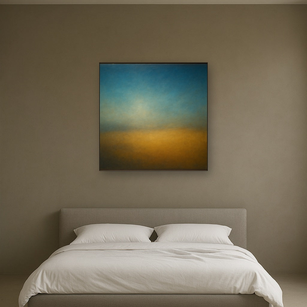 Celestial Azure & Warm Ochre Equilibrium No. 2 Oil Painting Staged Above Master Bed in Bedroom, Calming Neutral Hand Painted Oil Art