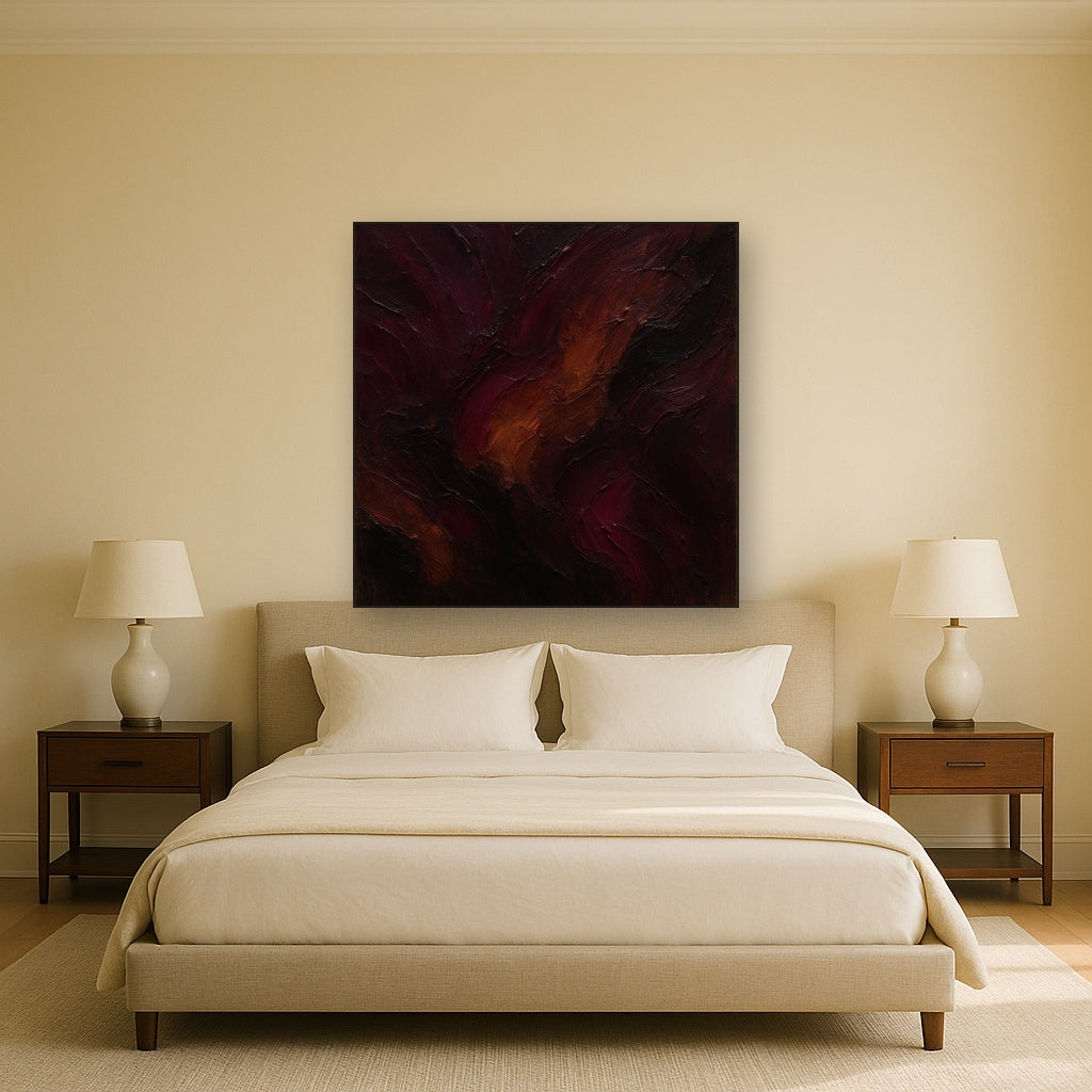 Rich Burgundy Plum & Velvet Amber No. 3 Oil Painting Staged Above Master Bed in Bedroom, Calming Neutral Hand Painted Oil Art