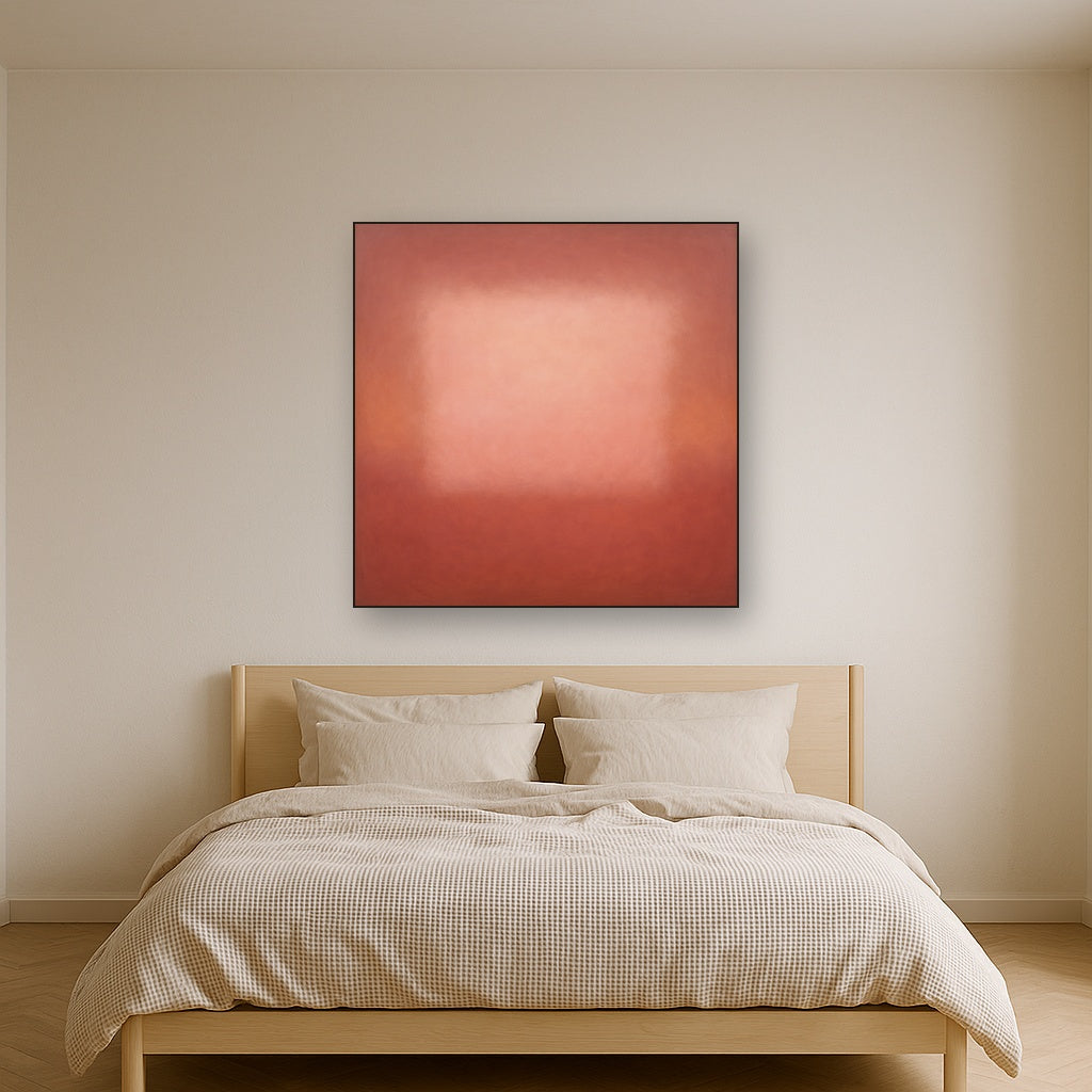 Blush Rose & Dusky Terracotta Ambient Glow No. 21 Oil Painting Staged Above Master Bed in Bedroom, Calming Neutral Hand Painted Oil Art