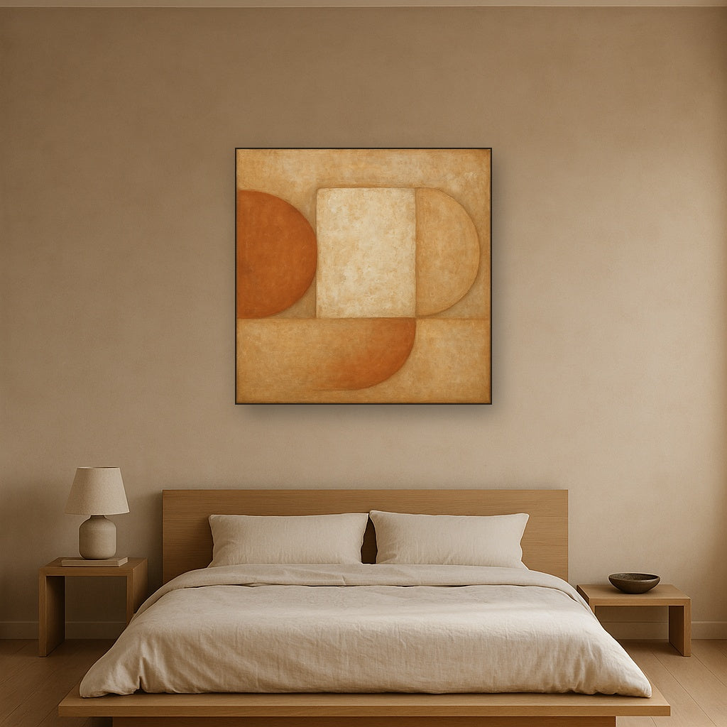 Earthy Terracotta & Weathered Plaster Wash No. 7 Oil Painting Staged Above Master Bed in Bedroom, Calming Neutral Hand Painted Oil Art