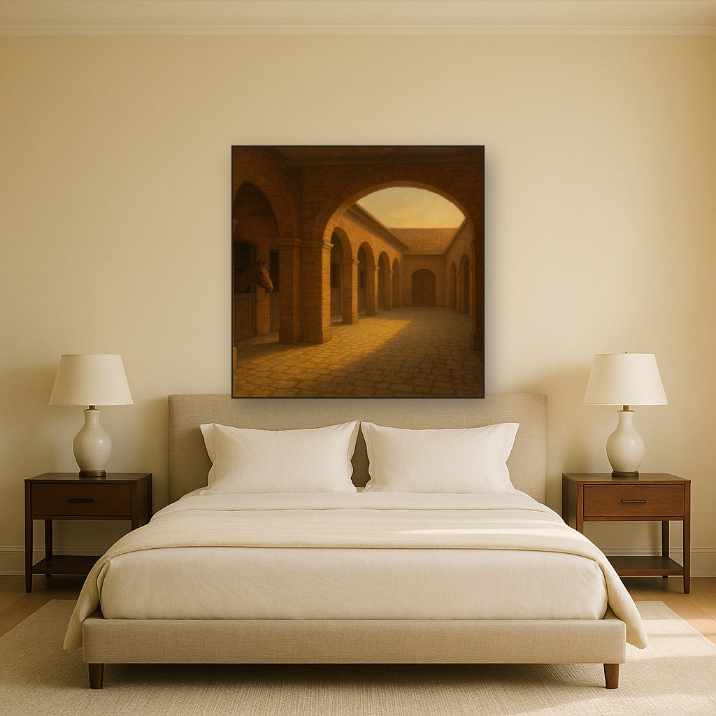Equestrian Stable Courtyard in Late Afternoon No. 6 Oil Painting Staged Above Master Bed in Bedroom, Calming Neutral Hand Painted Oil Art