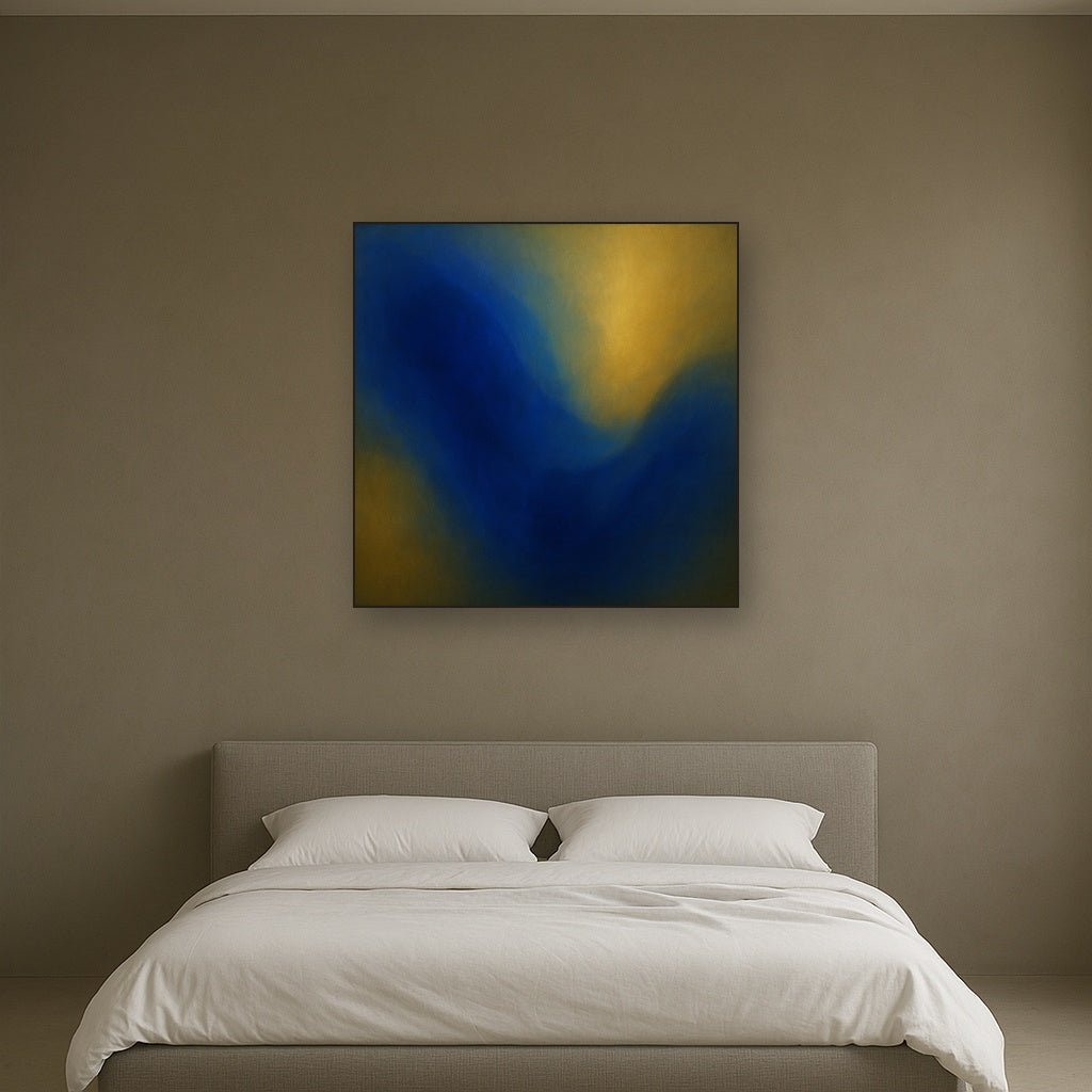 Lapis Lazuli & Golden Ochre Luminous Field No. 10 Oil Painting Staged Above Master Bed in Bedroom, Calming Neutral Hand Painted Oil Art