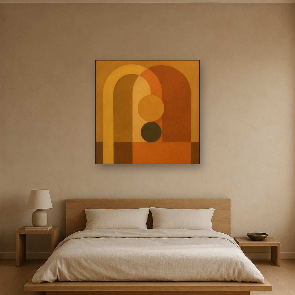 Arch & Circle Equilibrium in Warm Earth Tones No. 25 Oil Painting Staged Above Master Bed in Bedroom, Calming Neutral Hand Painted Oil Art