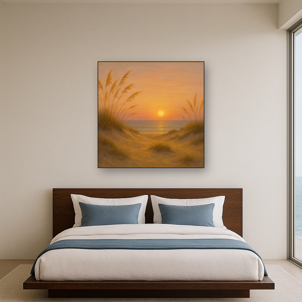 Sea Oats on Rolling Coastal Dunes at Sunset No. 8 Oil Painting Staged Above Master Bed in Bedroom, Calming Neutral Hand Painted Oil Art