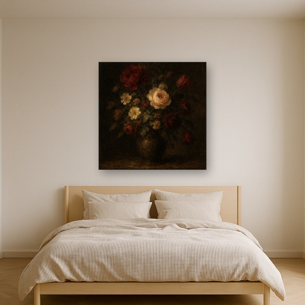 Dutch Golden Age Moody Floral Still Life No. 5 Oil Painting - Styled in Master Bedroom