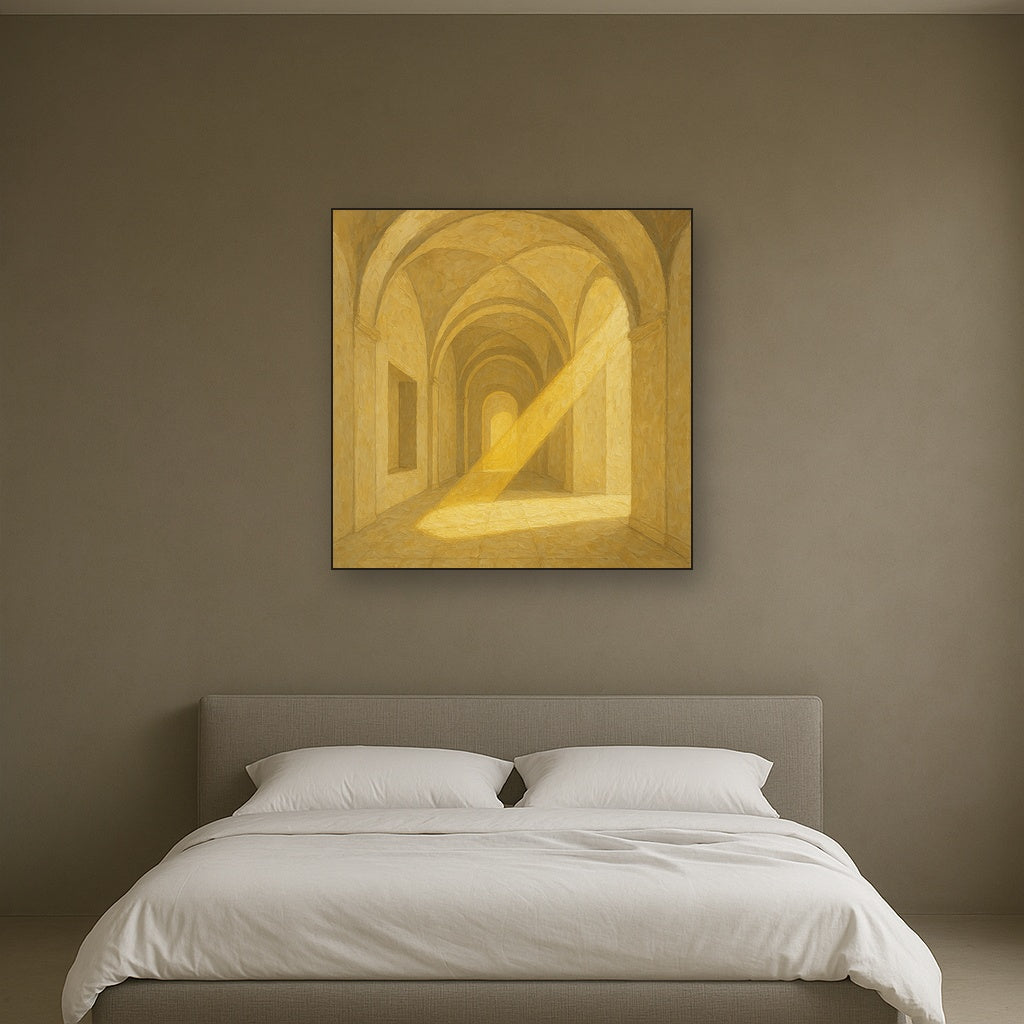Modernist Vaulted Gallery Light Beam Oil Painting - Styled in Master Bedroom